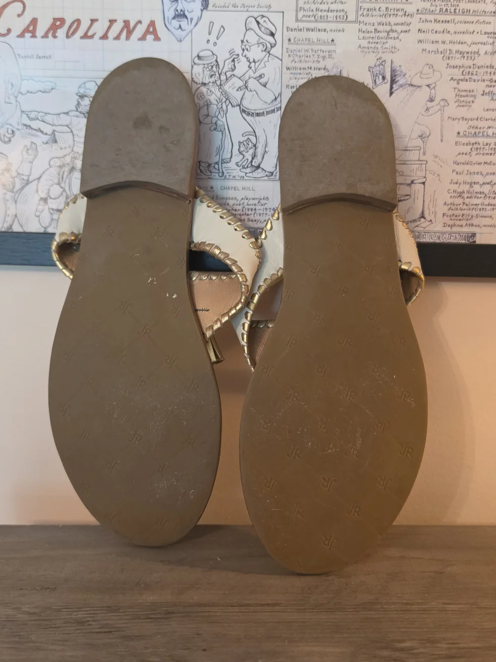 Jack Rogers Cream Leather Thong Sandals with Gold Accents